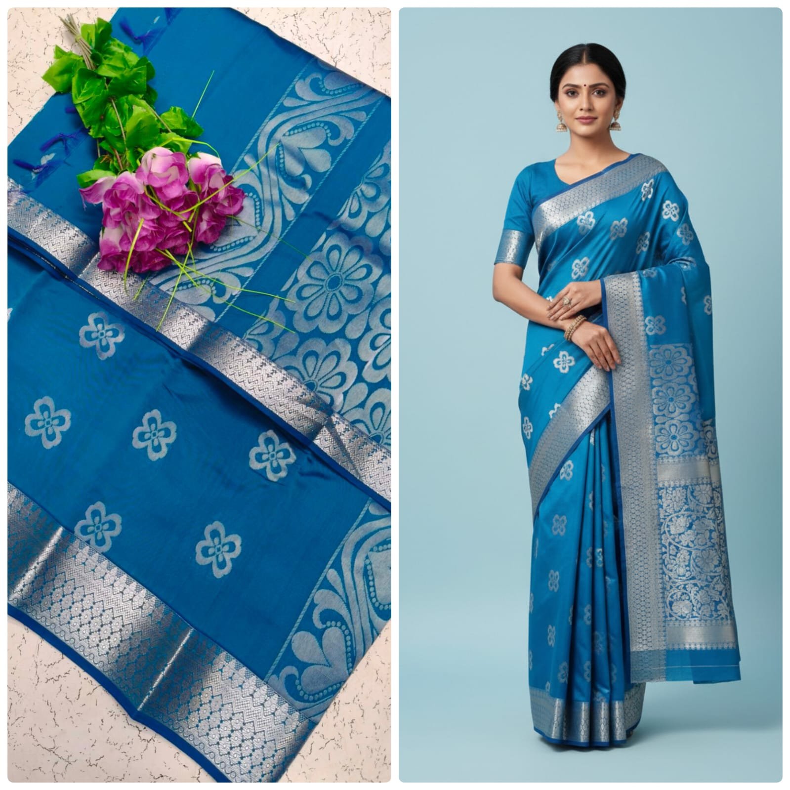 Kotta Cotton Silk Saree Aqua Blue